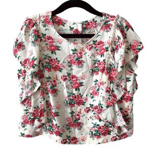 Girl's Utsa Red Green Floral Round Neck Flutter Sleeve Top 11/12Y